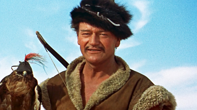 John Wayne's Temujin is seen against a blue sky in The Conqueror