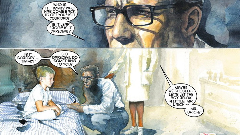 Watercolor art arts with Daredevil: Wake Up involving Ben Urich while talking to a child named Timi