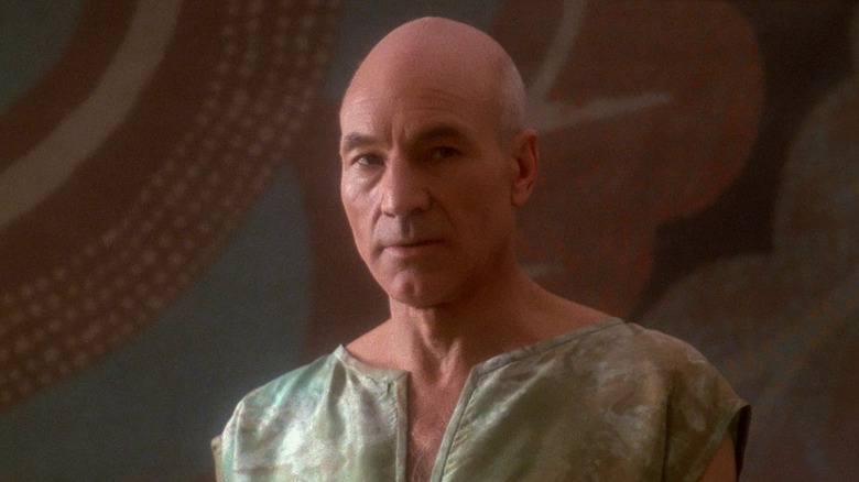 Captain Picard in an alien tank top on Star Trek: The Next Generation