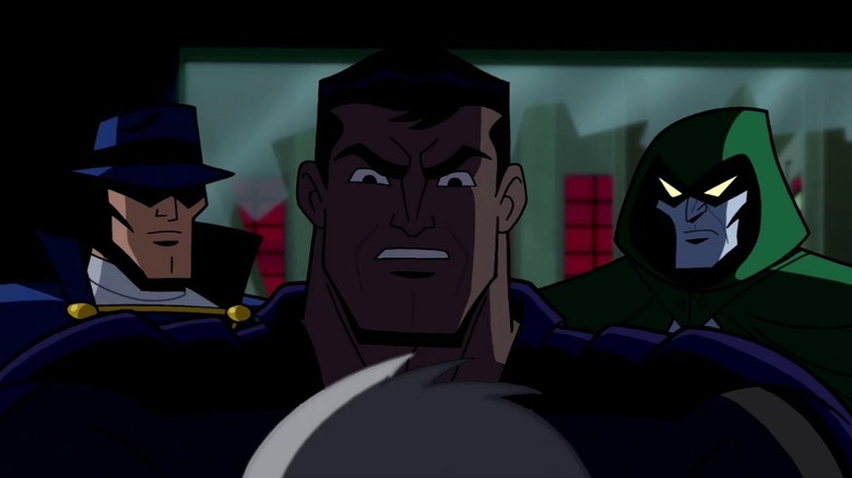 Batman: The Brave and the Bold, Chill of the Night!, Batman unmasked as Bruce Wayne holding Joe Chill in his hands as the Phantom Stranger and Spectre look over his shoulders