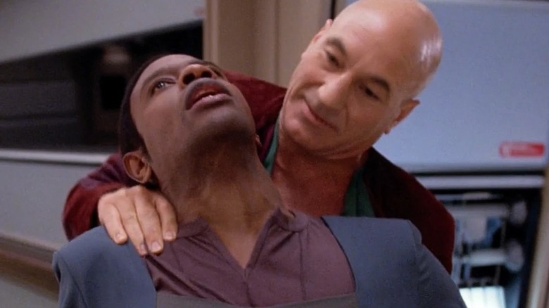 Captain Jean-Luc Picard performs a Vulcan nerve pinch on Devor in Star Trek: The Next Generation