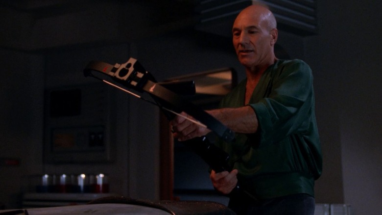 Captain Picard holding a crossbow on Star Trek: The Next Generation