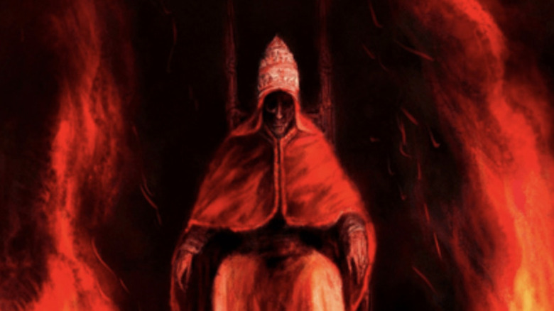 Between Two Fires cover art - Beelzebub/Pope sitting on throne between two fires