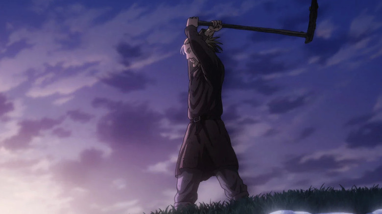 Vinland Saga Season 2 - Thorfinn working on farm, raising plow above his head