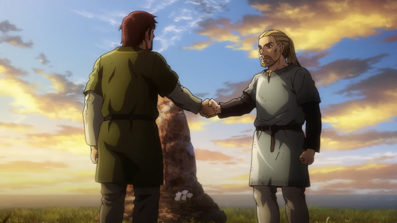 Vinland Saga Einar and Thorfinn shaking hands over Arnheid's grave