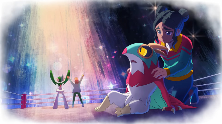 Hawlucha e seu treinador olham incrédulos depois de perder uma briga em Hawlucha vs. Machamp