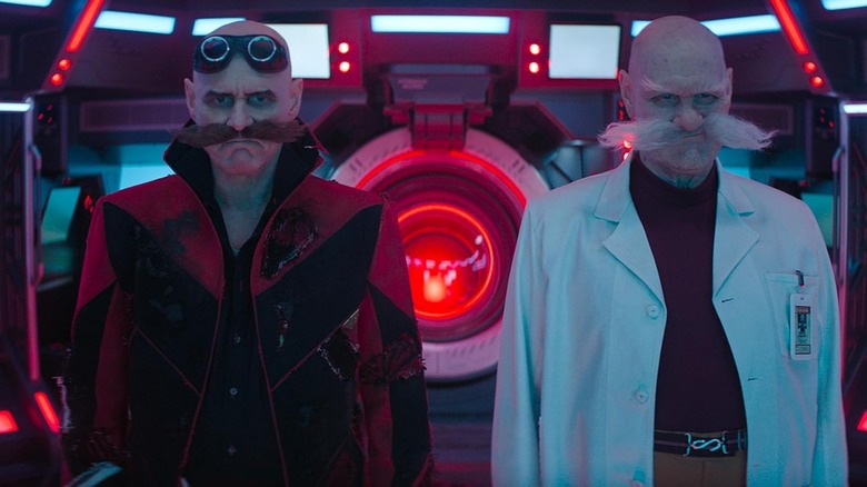 Jim Carrey as Dr. Ivo Robotnik and Dr. Gerald Robotnik standing together in Sonic the Hedgehog 3