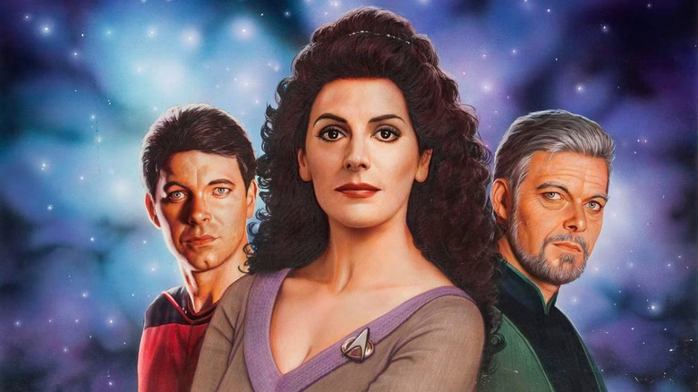 Young Riker, Troi, and Old Riker on the cover of Peter David's book Imzadi.