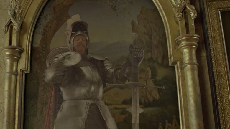 Sir Cadogan holding his sword inside a painting in "Harry Potter and the Prisoner of Azkaban"