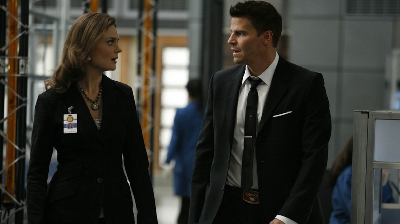 Emily Deschanel as Brennan and David Boreanaz as Booth on Bones