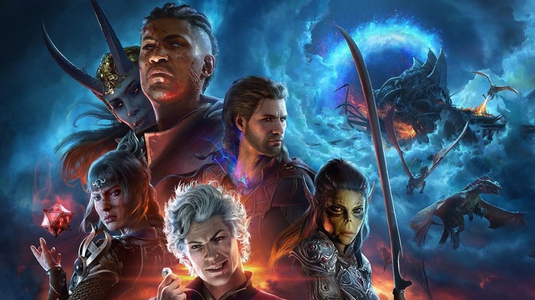 The main party  posing while mind flayers lurk behind them in Baldur's Gate 3