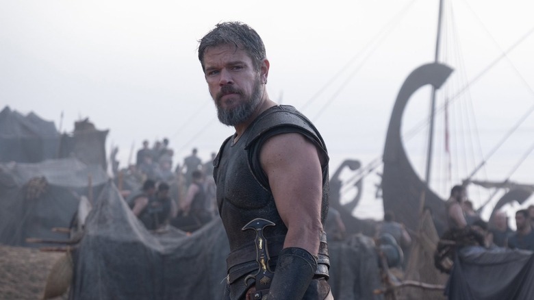 Matt Damon as Odysseus standing in front of his army on the beach in The Odyssey