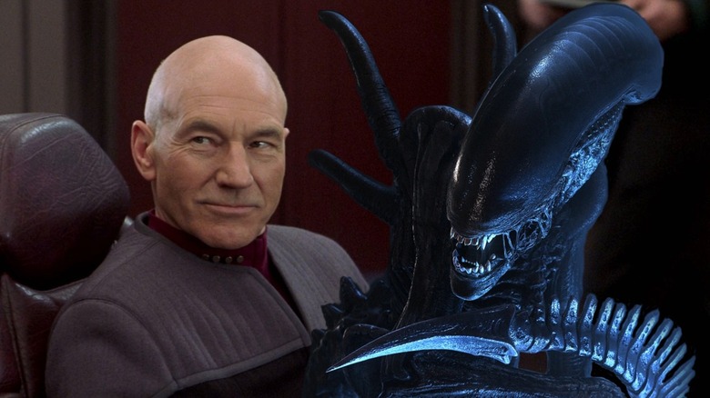 A shot of Captain Picard from Star Trek: Nemesis next to a picture of the alien xenomorph from AVP: Alien vs. Predator
