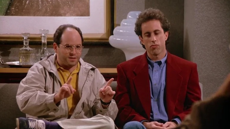 Jason Alexander's George Costanza and Jerry Seinfeld's Jerry plead their case to someone in Seinfeld