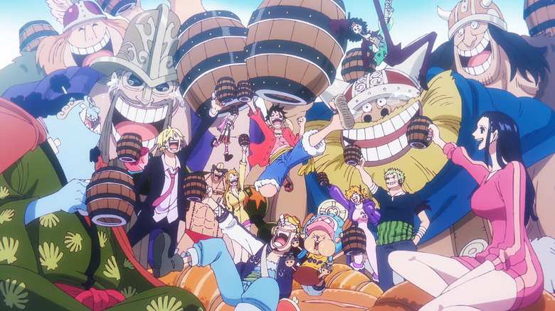 The straw hats and the giants of Elbaph celebrate in One Piece