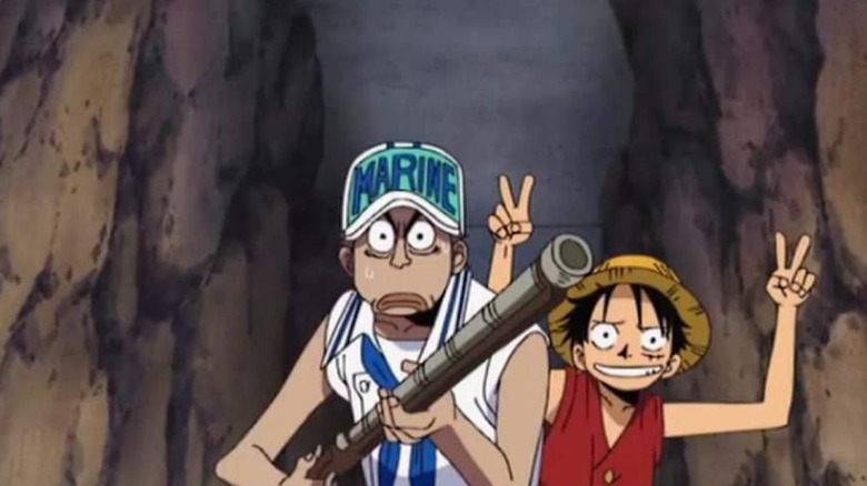 Luffy does a silly pose behind a clueless marine in One Piece