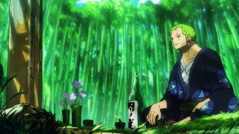 Zoro sits in front of a grave with a bottle of sake and flowers in One Piece