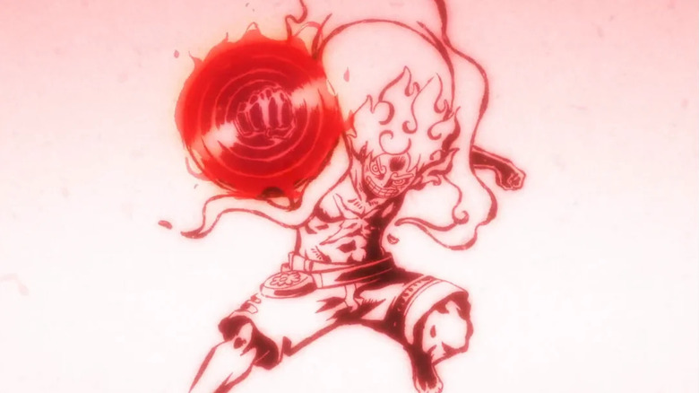 Luffy about to deliver a powerful punch in his Gear 5 form in One Piece Film Red