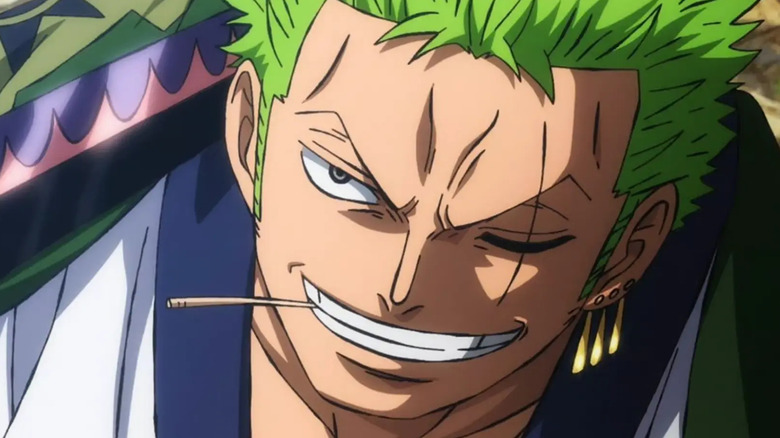 Roronoa Zoro grins with a toothpick in his mouth in One Piece