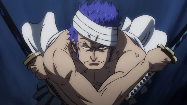 Shimotsuki Ushimaru grimaces while wielding two swords on One Piece