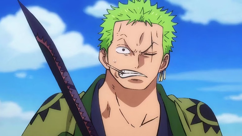 A worried Roronoa Zoro grimaces with his sword drawn on One Piece