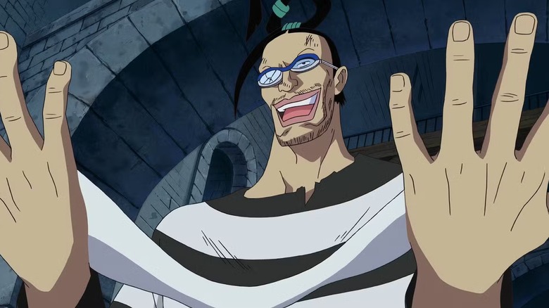 Mr.3/Galdino holds his hands out inside Impel Down in the One Piece anime
