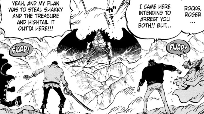 Garp and Roger teaming up to fight a demonically possessed Rocks in One Piece
