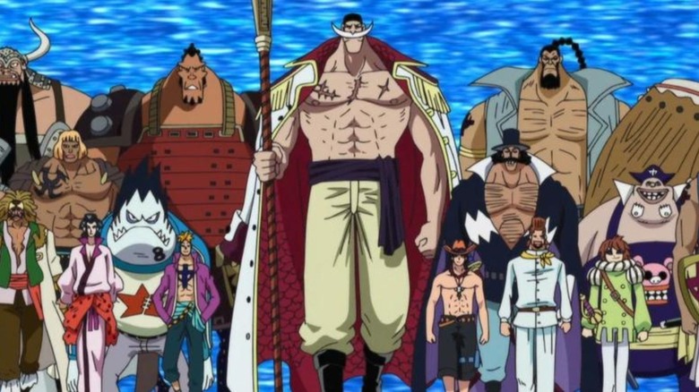 The Whitebeard pirates walking side by side like a giant family in One Piece