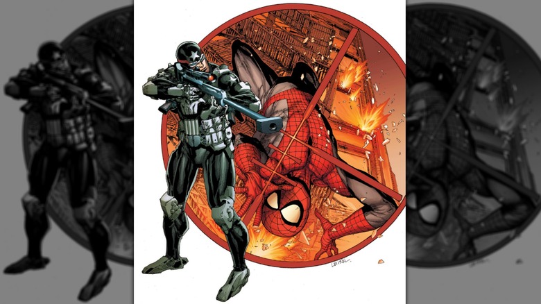 Ultimate Avengers vs New Ultimates: Death of Spider-Man cover, Spider-Man in Punisher's crosshairs