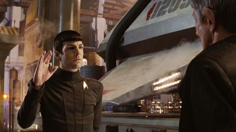 Spock saluting an older Spock in the 2009 Star Trek movie