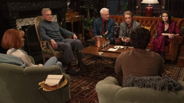 Jay Camila Bash Charles Oliver and Mabel talking in a sitting room in Only Murders in the Building Season 5