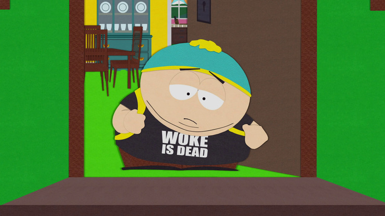 Cartman, sad in a 'Woke Is Dead' t-shirt, on South Park