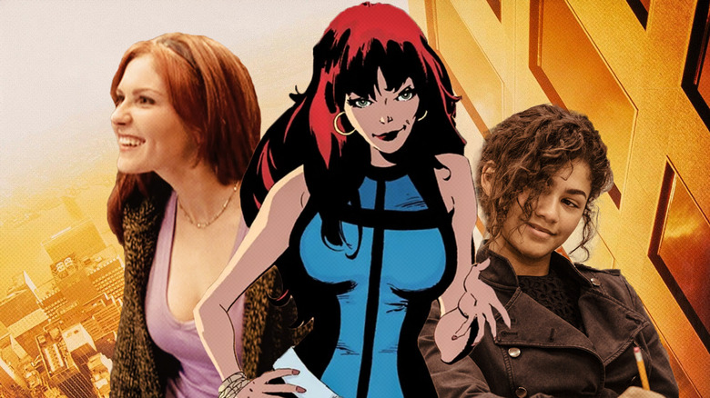 Composite photo of Kirsten Dunst as Mary Jane Watson in Spider-Man, Mary Jane as drawn by Tim Sale in Spider-Man: Blue, and Zendaya as MJ in Spider-Man: Homecoming