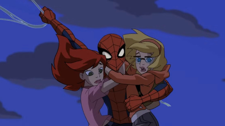 Spectacular Spider-Man: Spider-Man web-slinging while Mary Jane Watson and Gwen Stacy hold on