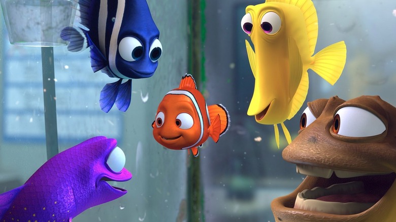 Gurgle, Deb, Bubbles, and Bloat surrounding Nemo in Finding Nemo