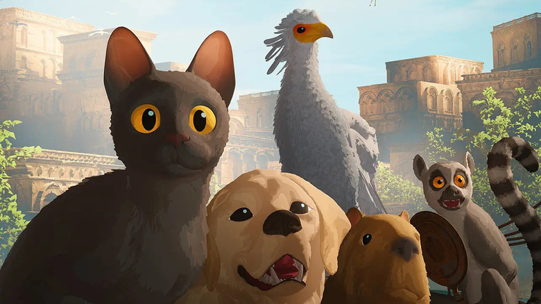 A cat, a labrador, a secretarybird, a capybara, and a lemur staring outward in Flow (2024)