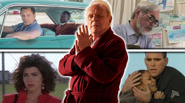 Anthony Hopkins in The Father surrounded by Hayao Miyazaki, Marisa Tomei in My Cousin Vinny, Matt Dillon and Thandiwe Newton in Crash, and Viggo Mortensen and Mahershala Ali in Green Book