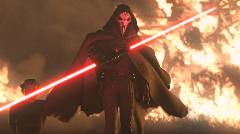 The Eleventh Brother holding his double-bladed lightsaber out in Tales of the Jedi