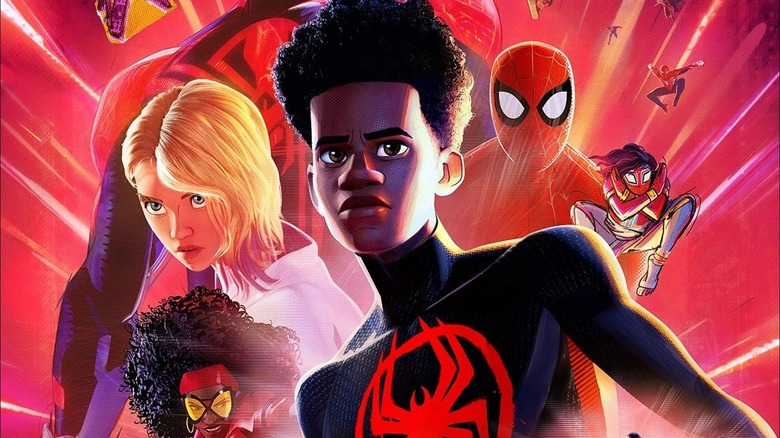 Miles Morales flanked by Spider Society