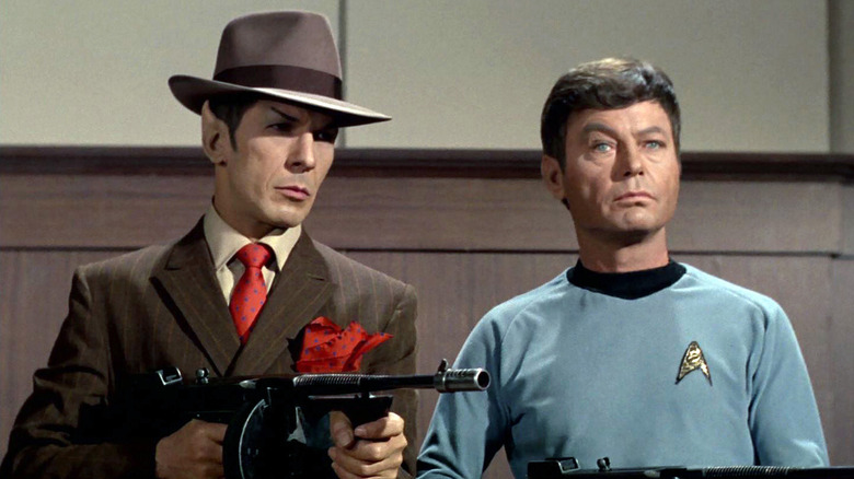 Spock and Bones with Tommy guns in Star Trek's "A Piece of the Action"