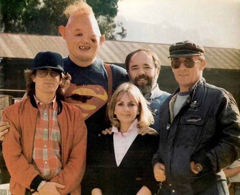 Steven Spielberg, John Matuszak, Bari Dreiband-Burman, Tom Burman and Ellis Burman, Jr. on the set of The Goonies