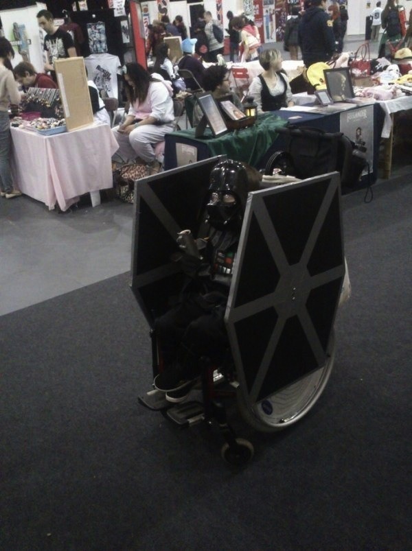 Little Darth Vader Pilots a TIE Fighter Wheelchair [Cosplay]