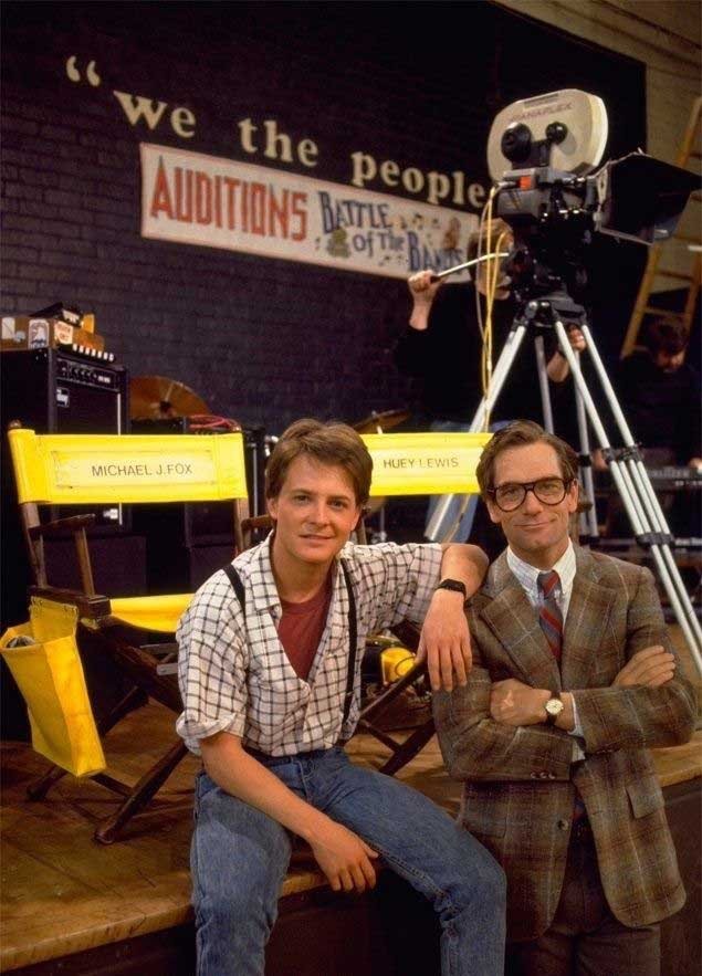 Michael J. Fox and Huey Lewis on the set of Back to the Future.