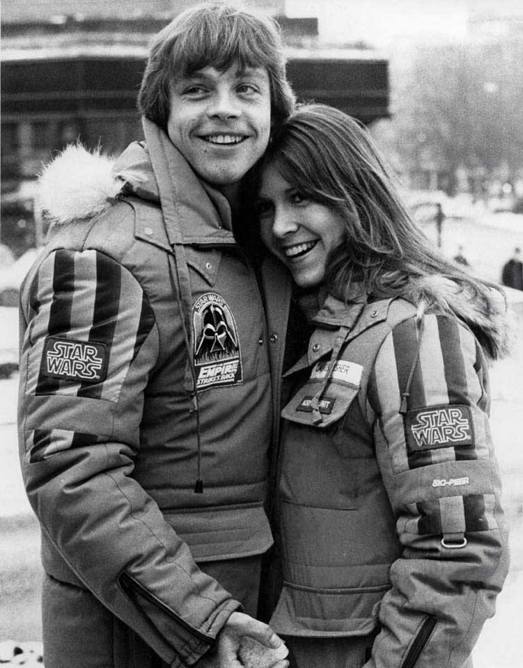 Mark Hamill and Carrie Fisher on the set of The Empire Strikes Back.