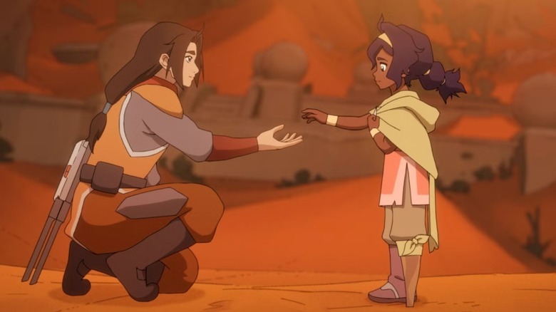 Jae kneels and extends his hand to Pavi in Avatar: Seven Havens
