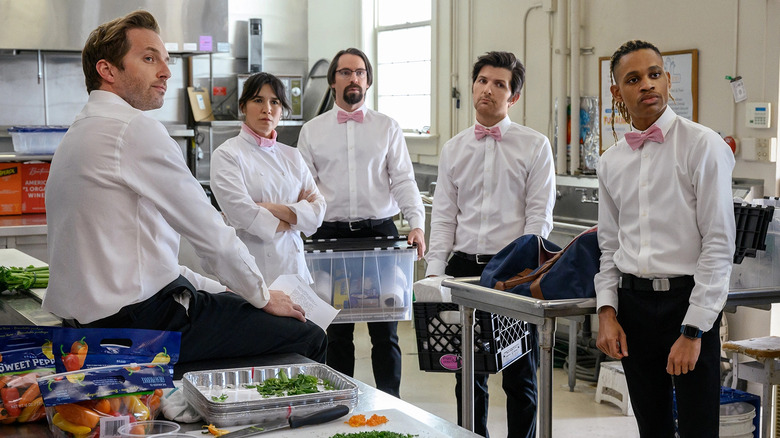 Ryan Hansen, Zoë Chao, Martin Starr, Adam Scott, and Tyrel Jackson Williams in Party Down season three