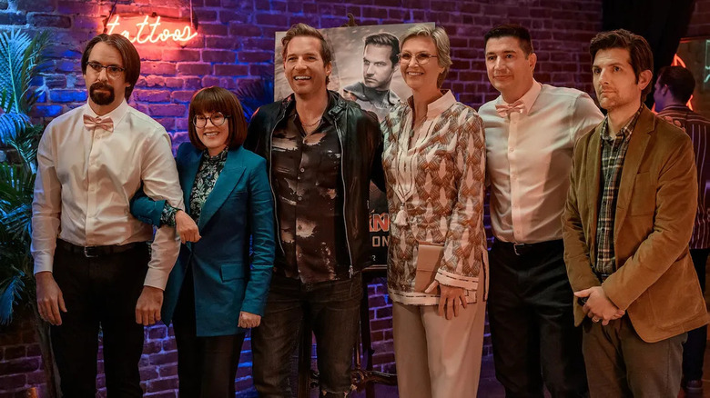 Martin Starr, Megan Mullally, Ryan Hansen, Jane Lynch, Ken Marino, and Adam Scott in Party Down season three