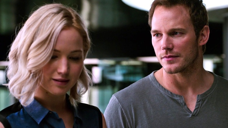 Jim stares at Aurora in Passengers (2016)