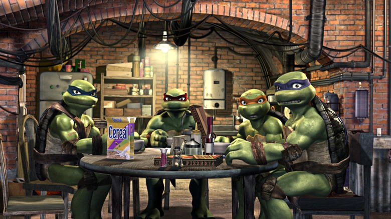 Leonardo, Raphael, Michelangelo, and Donatello sitting around the table in TMNT (2007)