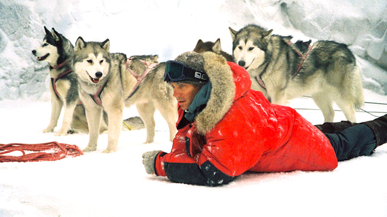 Paul Walker lies in the snow with the dogs of Eight Below